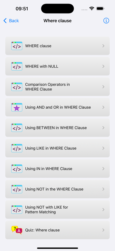 SQL Programming Pro app screen showing WHERE clause tutorial topics and an interactive quiz