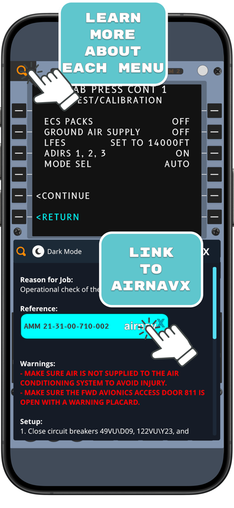 A320 CFDS Trainer - Interfaz de la aplicación Entrenador CFDS A320 que muestra un menú de mantenimiento con información de aprendizaje y un enlace directo a la documentación de AirnavX