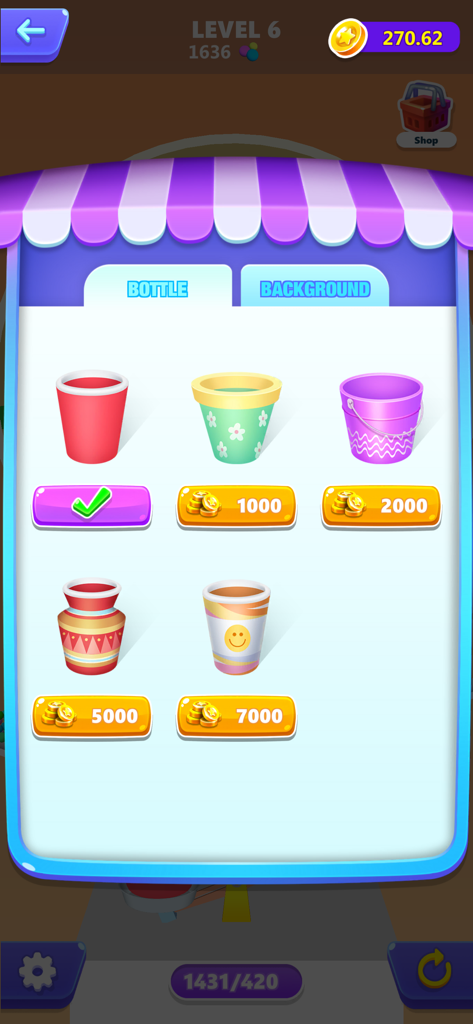 Pantalla de la tienda del juego en Maze Treasure Candy que muestra skins de botellas de colores para comprar con monedas