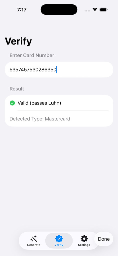 Credit Card Generator - Verification screen showing a Mastercard test number validated by the Luhn algorithm
