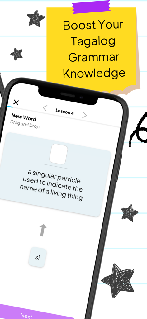 Turong Wika - Learn Tagalog - Interactive Tagalog grammar drill in the Turong Wika app teaching singular particles