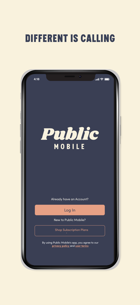 Public Mobile - Écran d'accueil de l'application Public Mobile avec des options pour se connecter ou acheter des forfaits d'abonnement