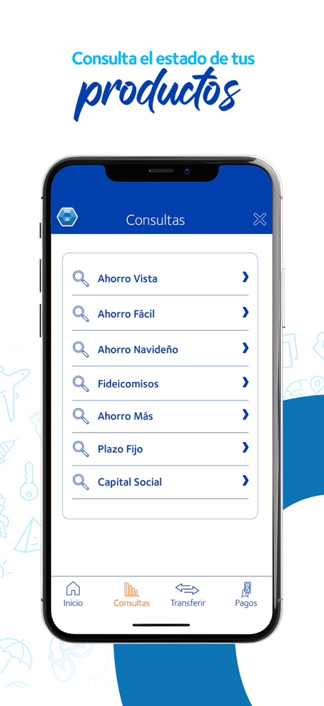Coocique - Mobile interface of Coocique app showing the account inquiry screen with multiple savings products listed in Spanish.
