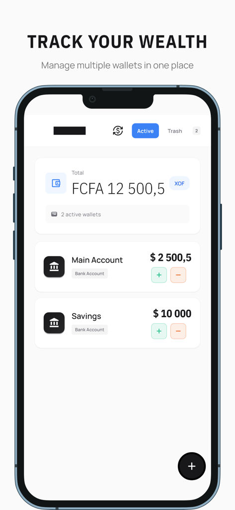 Zodo - Pantalla de la aplicación móvil Zodo para rastrear la riqueza y gestionar múltiples cuentas de billetera