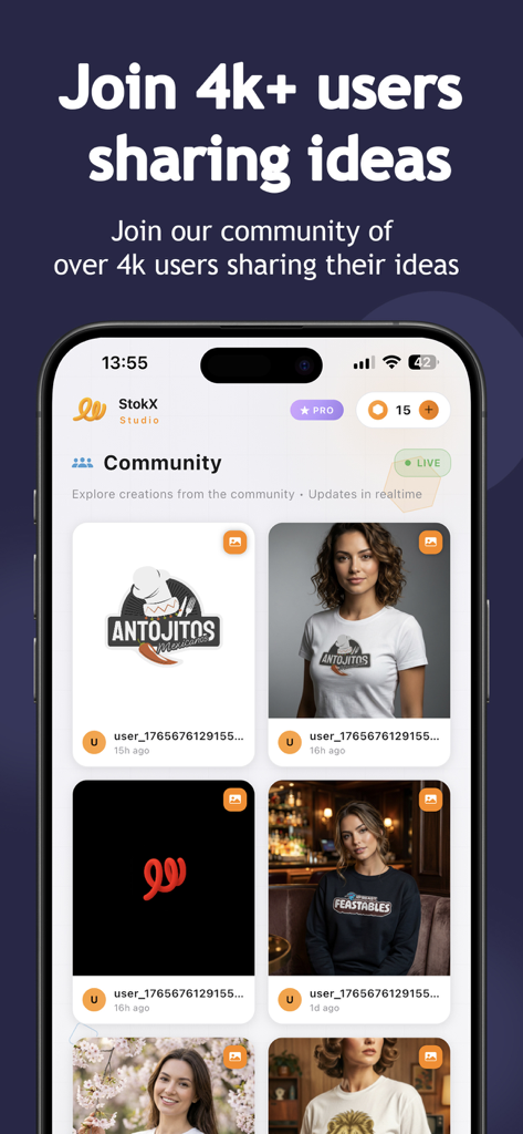 StokX:3DMockups Clothes Design - Pantalla de la aplicación móvil mostrando un feed de comunidad de ropa y maquetas 3D diseñadas por usuarios