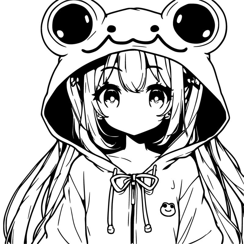 an anime girl wearing a frog hoodie