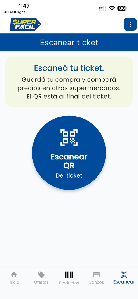 SuperFacil - 価格比較のために食料品のレシートQRコードをスキャンするボタンを示すモバイルアプリ画面