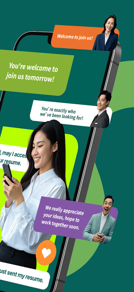 A smartphone screen displaying chat bubbles between employers and a job seeker in the OfferToday app