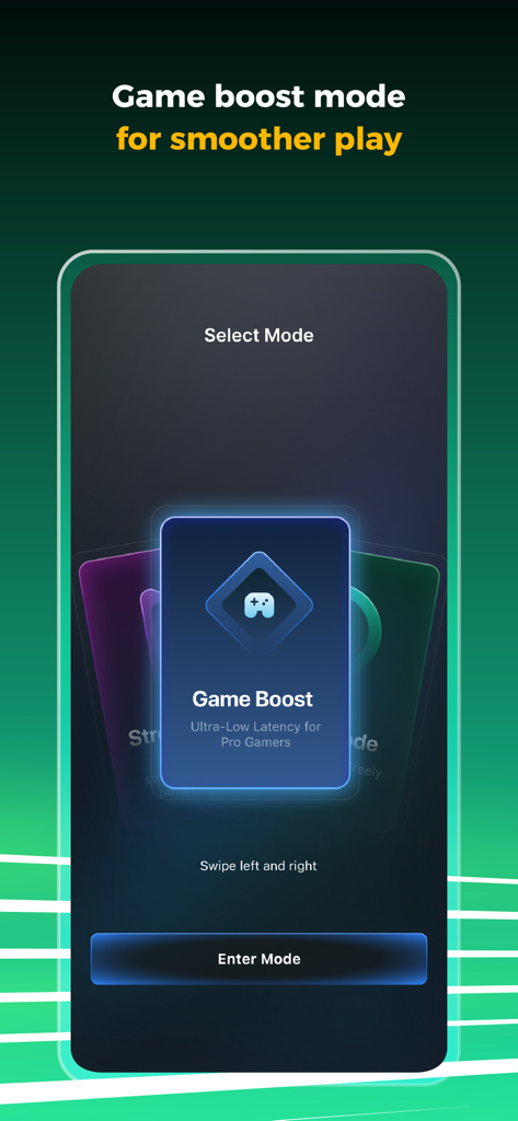 Game boost mode interface in BOOST VPN app for ultra low latency gaming