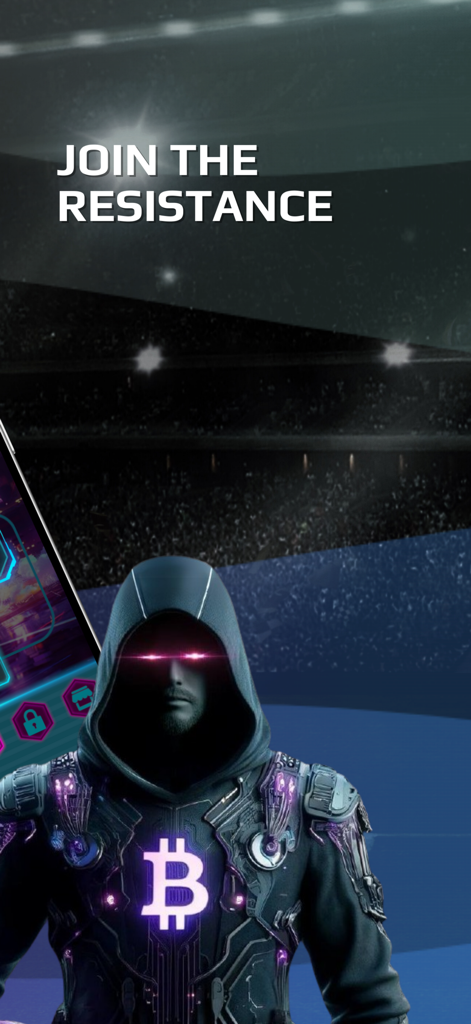 Satoshi's Goal - Hooded character with glowing Bitcoin symbol and red eyes in a football stadium