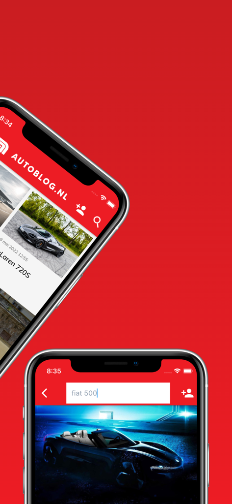Two smartphones displaying the Autoblog.nl app interface with automotive news and a car search feature against a red background