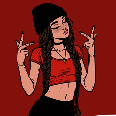 realistic teenage girl with braids and a beanie and crop top doing 🫶🏼
