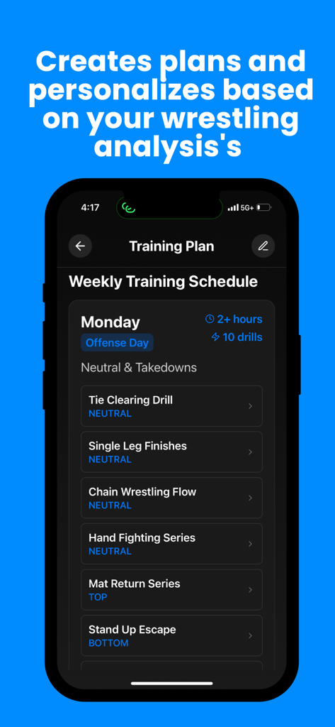 Wrestle AI - Wrestle AI mobile app interface showing a weekly training schedule for Monday with drills like Tie Clearing and Single Leg Finishes.