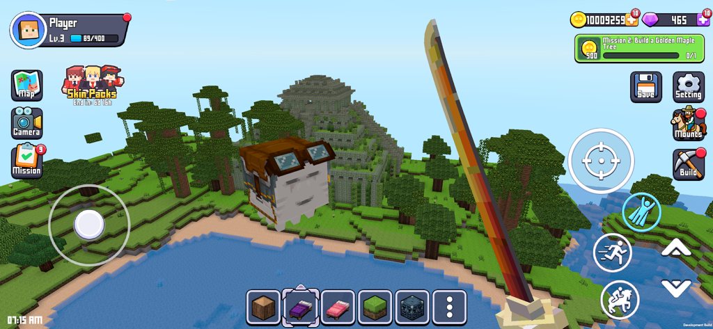 A first person view of a 3D blocky world in Craft Explore Block Builder featuring a large temple and lush forest landscape