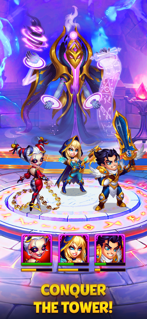 Personajes de Hero Wars Alliance frente a un jefe gigante con el texto Conquista la Torre