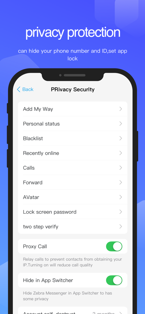 Ant Messenger app interface showing privacy and security settings including proxy call and app hiding features