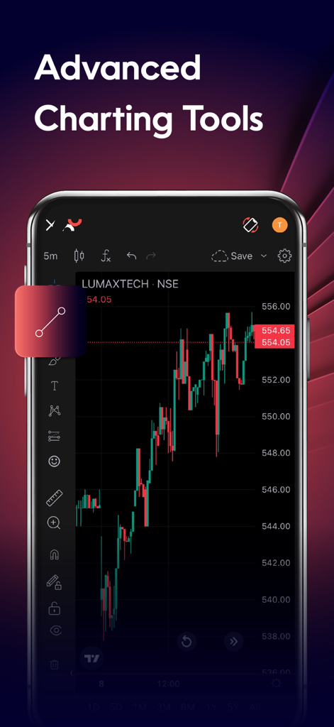 Nuvama: Live Share Trading App - Smartphone screen showing advanced technical candlestick charts in the Nuvama trading app