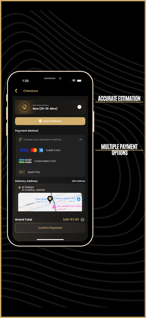 Lugmety | لقمتي - Lugmetyアプリのチェックアウト画面、支払い方法と配達見積もりを表示