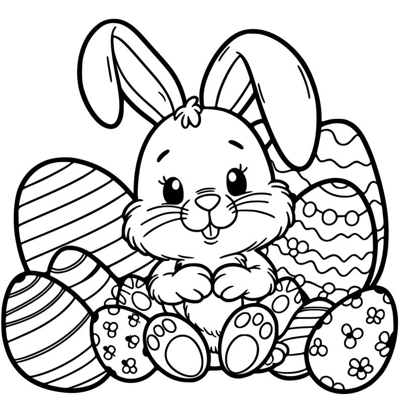 bunny surrounded by easter eggs