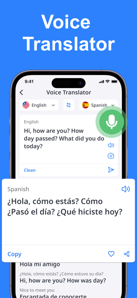 Voice Translator AI: Translate - Interface do aplicativo Voice Translator AI exibindo uma tradução de inglês para espanhol