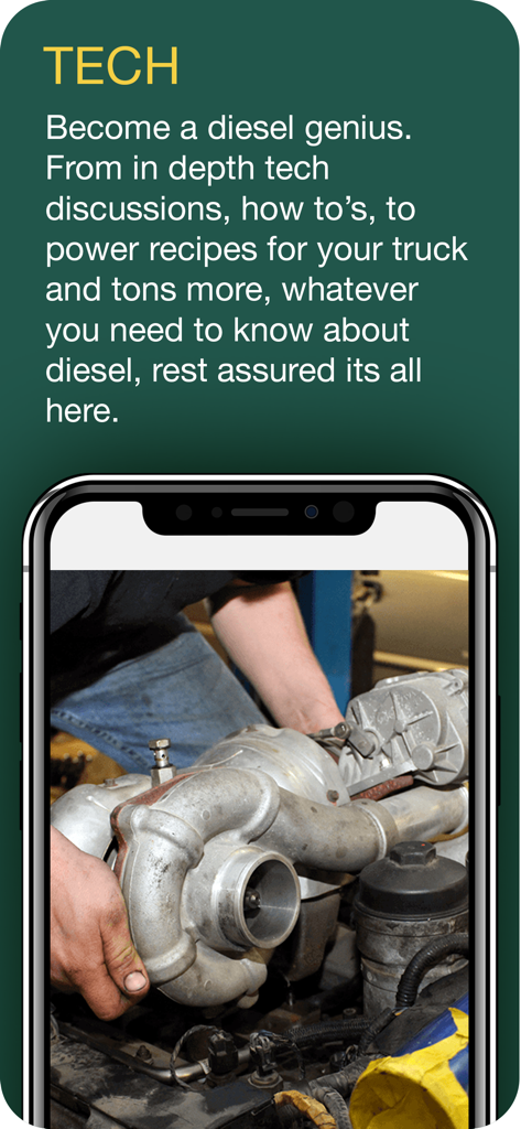 Diesel World - Diesel World app screen showcasing technical engine guides and a photo of a mechanic installing a turbocharger