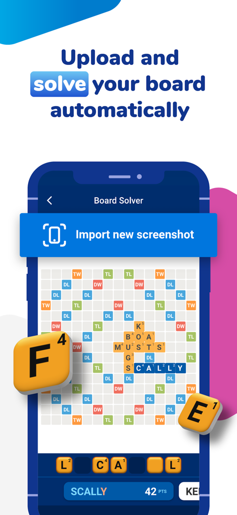 WordFinder app interface for uploading and automatically solving a word game board