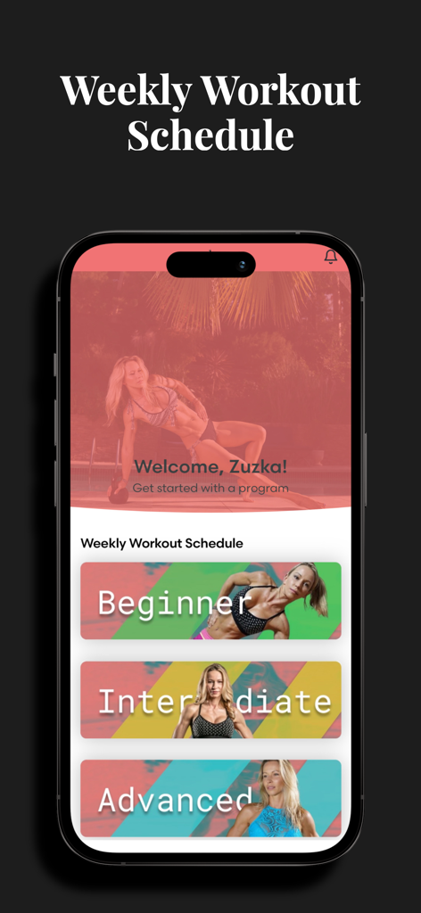 ZGYM - ZGYM app interface showing weekly workout schedule options for beginner intermediate and advanced fitness levels