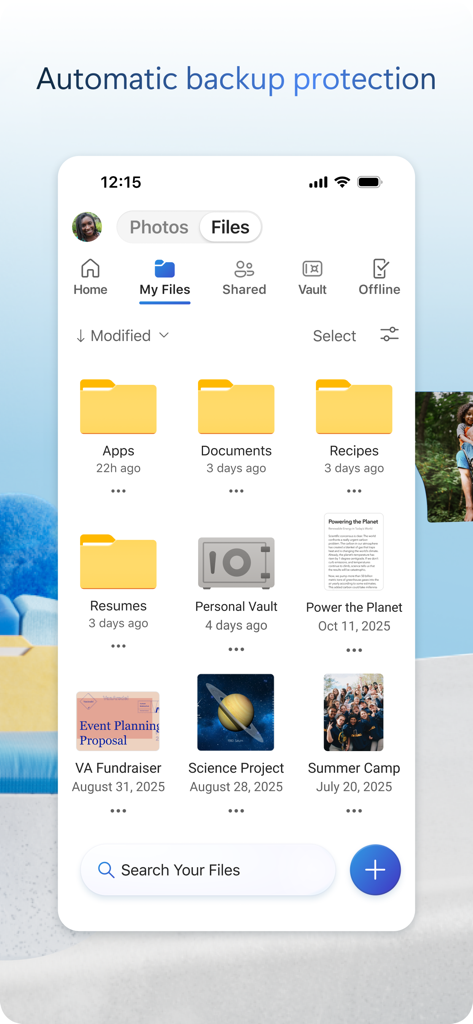 Microsoft OneDrive mobile app showing the My Files interface with various folders and documents.
