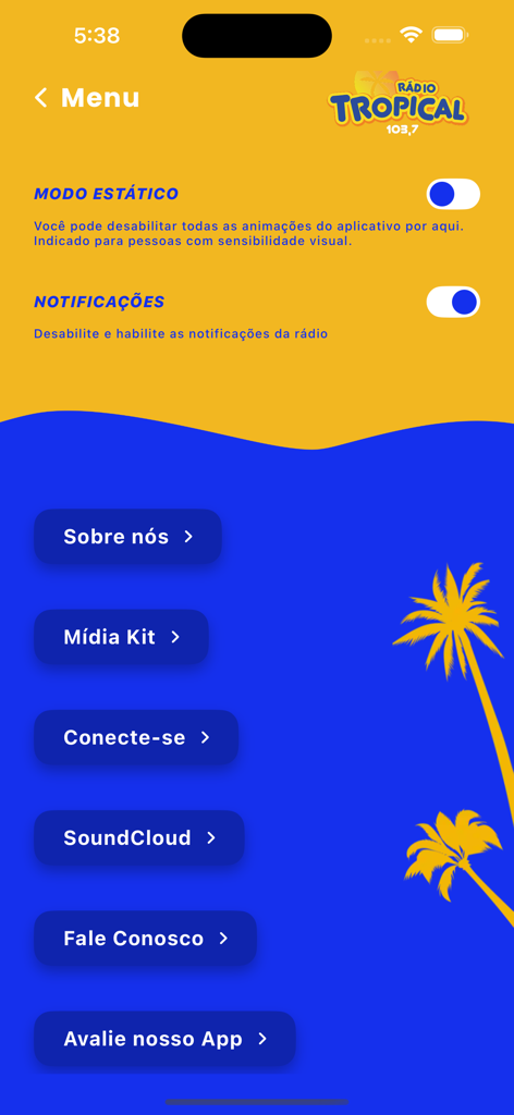 Tropical Vix - Menu screen of the Tropical Vix radio app showing settings and information links