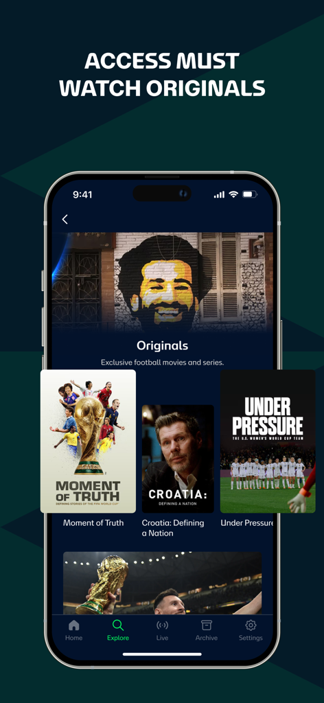 FIFA plus app interface showing a gallery of original football documentaries like Under Pressure and Moment of Truth