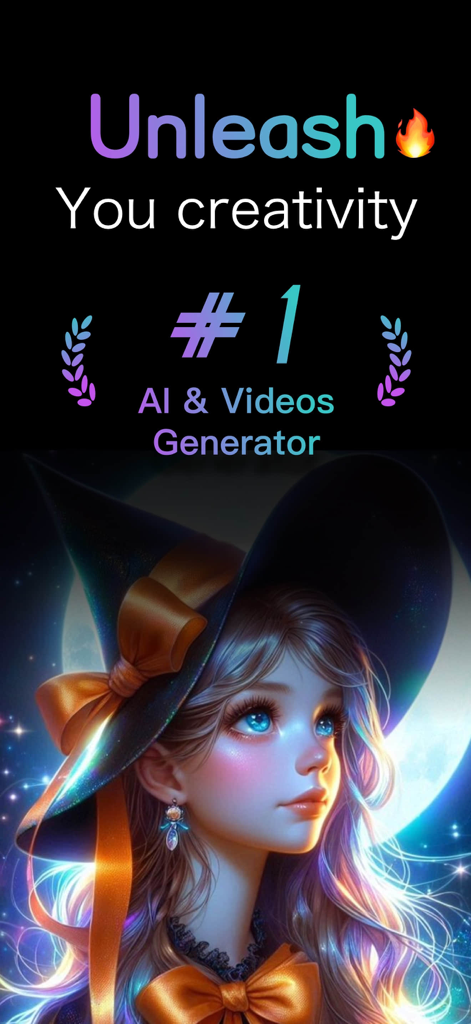 Veai 3 - AI Vdeo Generator - Interfaccia dell'app Veai 3 che mostra un personaggio strega fantasy generato dall'IA