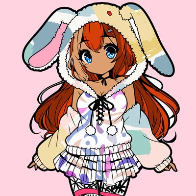 pretty anime girl wearing a fluffy hoodie with bunny ears on the hood and a skirt
