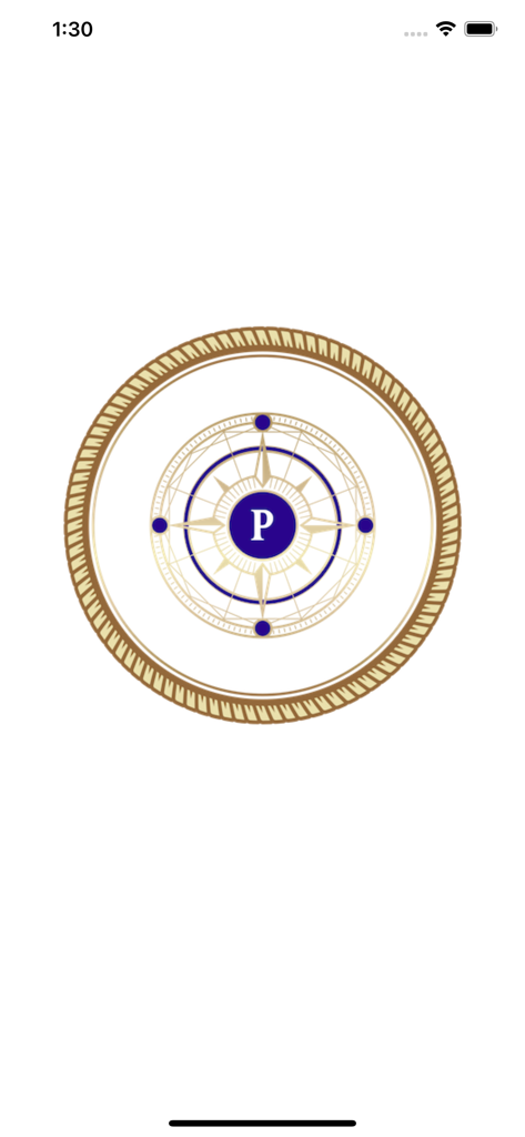 POLARIS GPS - Startbildschirm der POLARIS GPS Mobile App mit einem nautischen Kompass-Logo und dem Buchstaben P in der Mitte