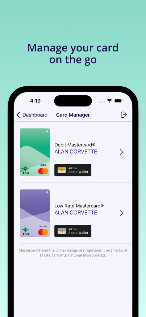 TSB Bank Ltd Mobile Banking - TSB Bank mobile app Card Manager screen showing Mastercard debit and credit cards