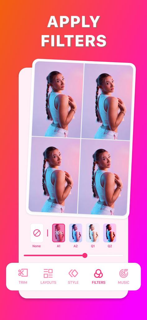 Loop for Boomerang - Loomix - Loomix app interface showing artistic filters and 2x2 grid layout for boomerang videos