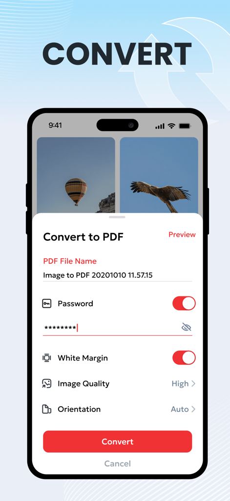 PDF Converter , Photo to PDF - Interfaccia dell'app iPhone per convertire foto in PDF con protezione password e impostazioni di qualità