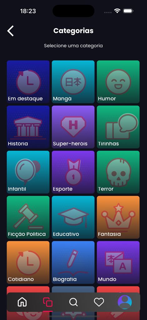 A screen displaying various comic book categories like Manga Superheroes and Horror in the Super Comics mobile application