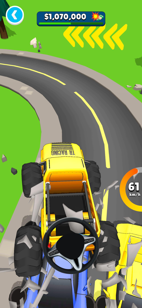 Monster Truck Rampage 3D! - Gameplay of a yellow monster truck crushing vehicles on a road in Monster Truck Rampage 3D