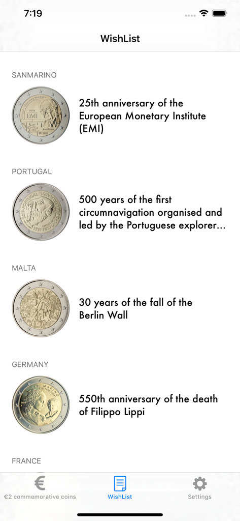 2 Euro coins - Écran de liste de souhaits de l'application 2 Euro coins affichant une collection de pièces commémoratives de divers pays européens