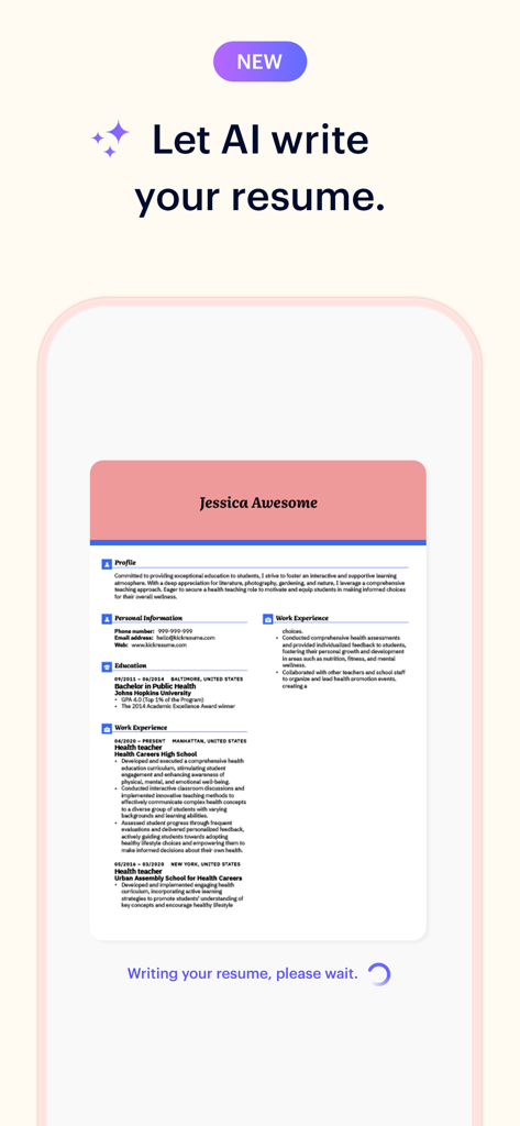 Mobile app screen showing Kickresume using AI to write a professional resume