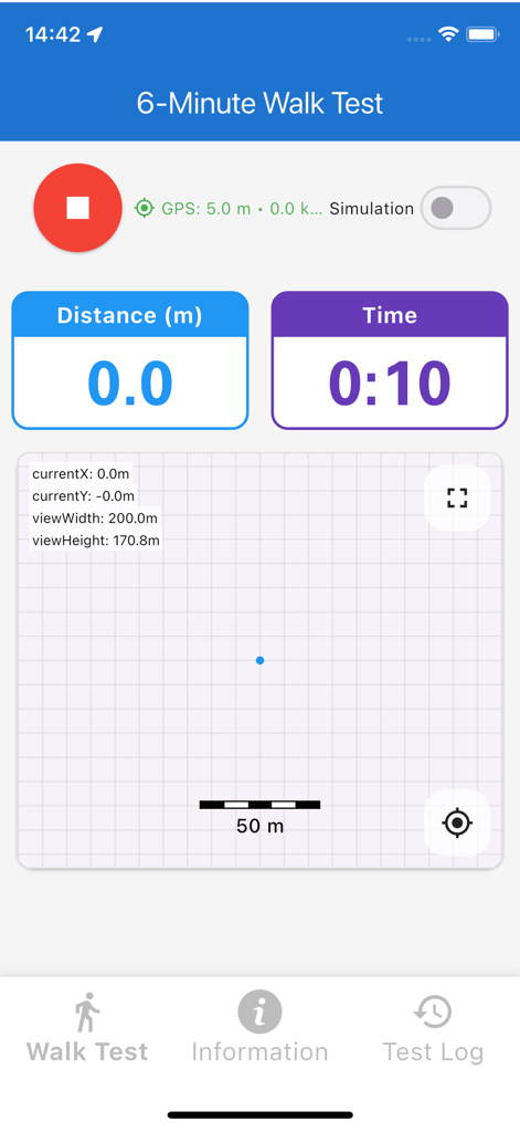 Interfaz de la aplicación de prueba de caminata de 6 minutos que muestra el seguimiento de distancia y tiempo en tiempo real en un mapa de cuadrícula