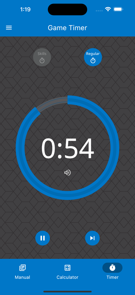 VIQRC Hub - Game timer interface of the VIQRC Hub app showing a countdown for a robotics match