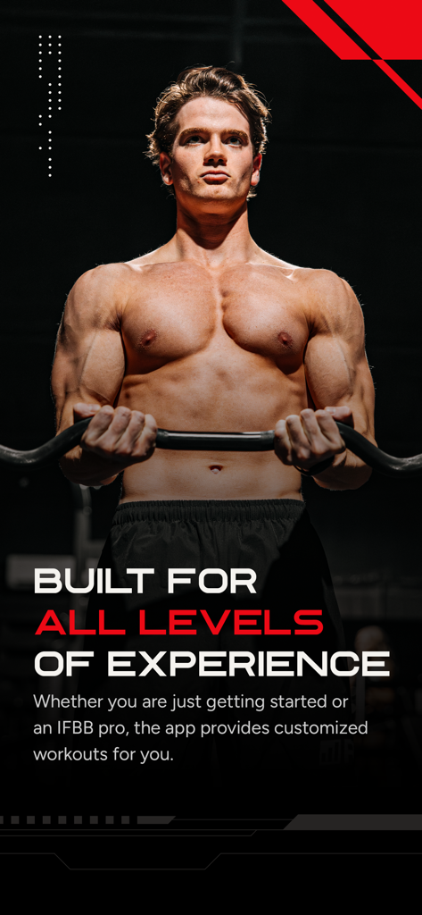 RP Hypertrophy - A muscular man performing a barbell curl with text saying built for all levels of experience