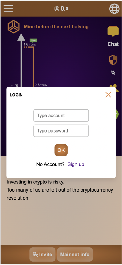 TCC - Login interface for the TCC digital currency app showing fields for account and password