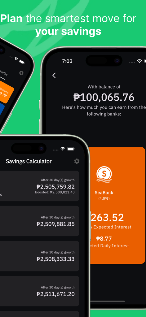 Mobile app interface showing a savings calculator and interest growth simulations for digital bank accounts