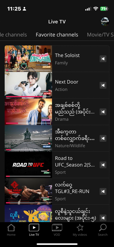 Screenshot of the CANAL+ MYANMAR app showing a list of favorite live TV channels including movies, action series, and sports programs.