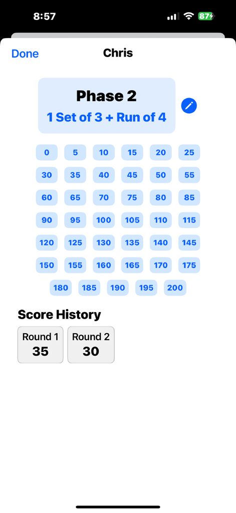 Phase 10 Score - Score entry screen for a player named Chris showing Phase 2 goals and a numeric keypad for points