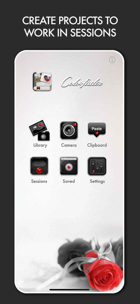 Colorfader 앱의 홈 화면으로, 메인 메뉴와 선택적 색상 빨간 장미 예시를 보여줍니다.