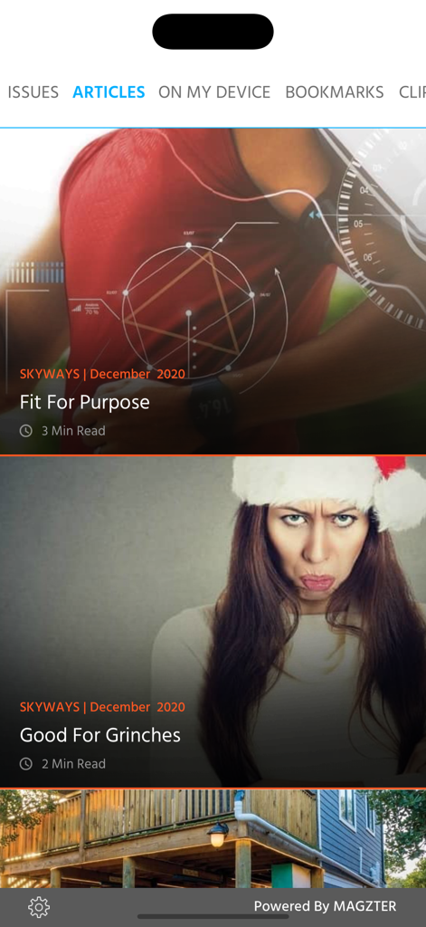 Skyways - Articles tab in the Skyways app showing a list of featured magazine stories with titles and images