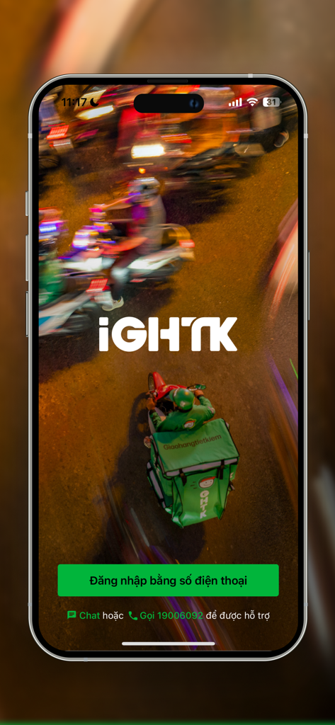 iGHTK & Tra cứu đơn hàng - iGHTK app splash screen showing a delivery driver on a motorbike and a phone number login button
